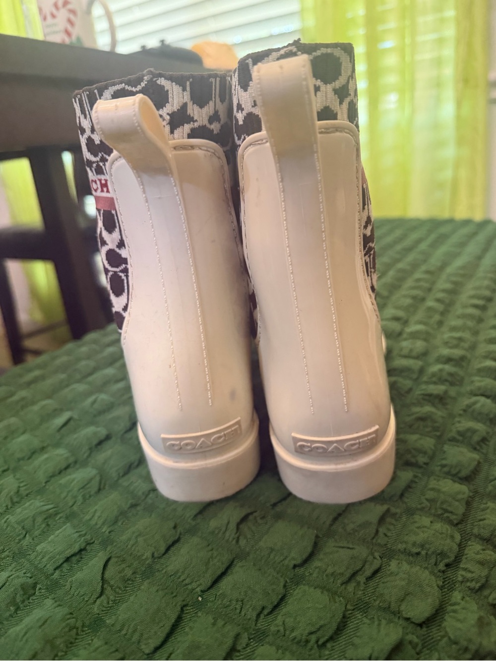 Coach White Rain Boots with Brown & White Signature Cuff - Picture 3 of 9